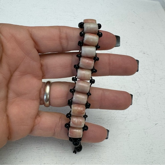 Barrel Shaped Bone Beads Bracelet with Black Rope & Tiny Black Beads Adjustable - Picture 4 of 9
